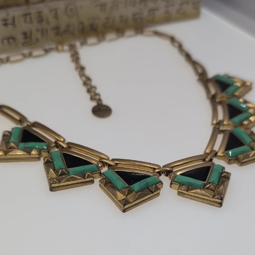 Stella & Dot Gold and Green Art Deco Necklace